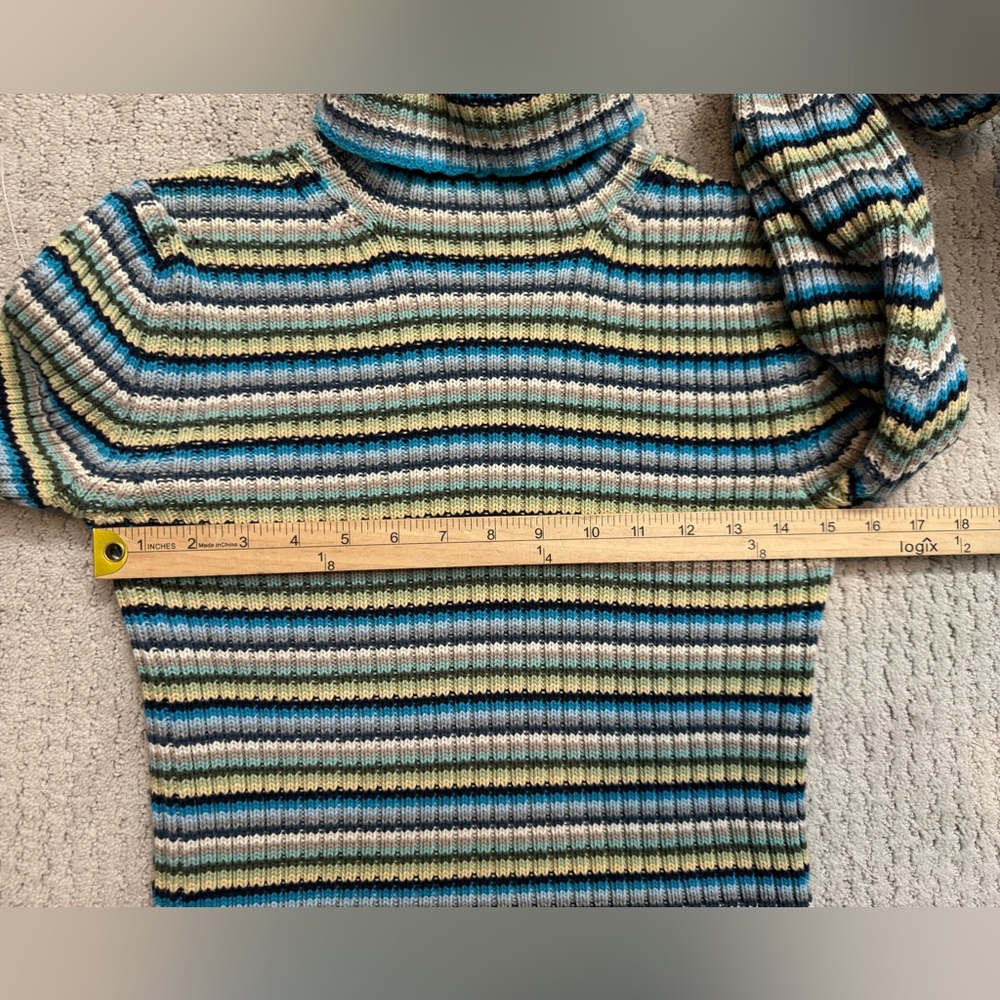 Vintage 90s Striped Gap Sweater Leather Elbow Patch XS Turtleneck 100% Cotton - Picture 7 of 13